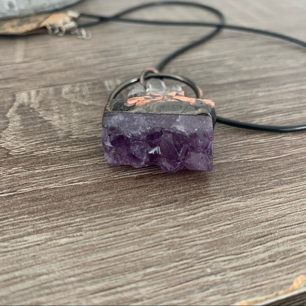 Tri-Quartz Point & Amethyst Copper Wrapped Necklace - Picture 7 of 9